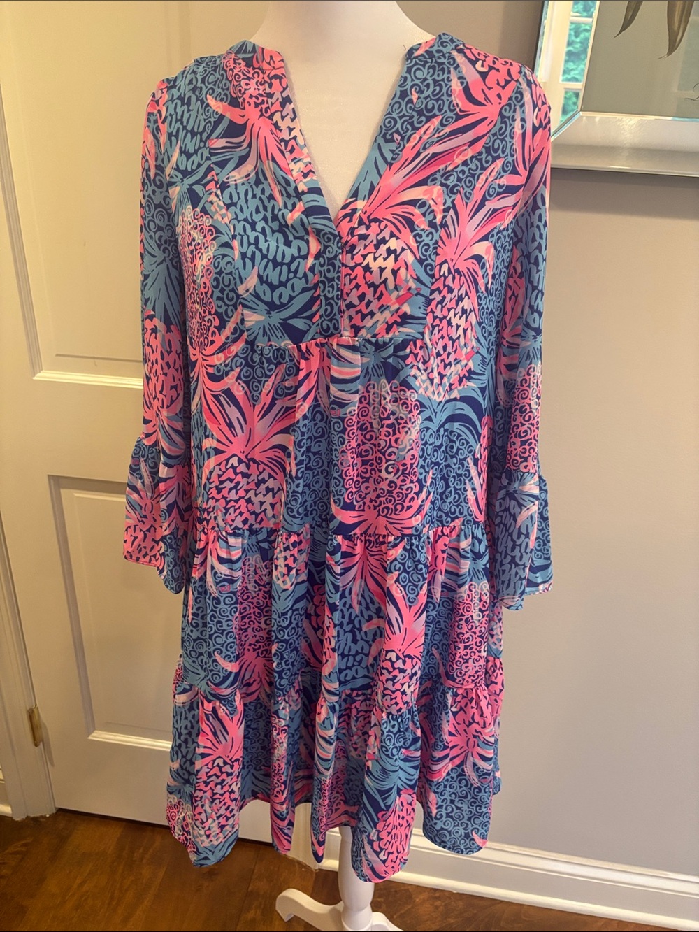 Lilly Pulitzer Blue & Pink Pineapple-Print V-Neck Tiered Dress